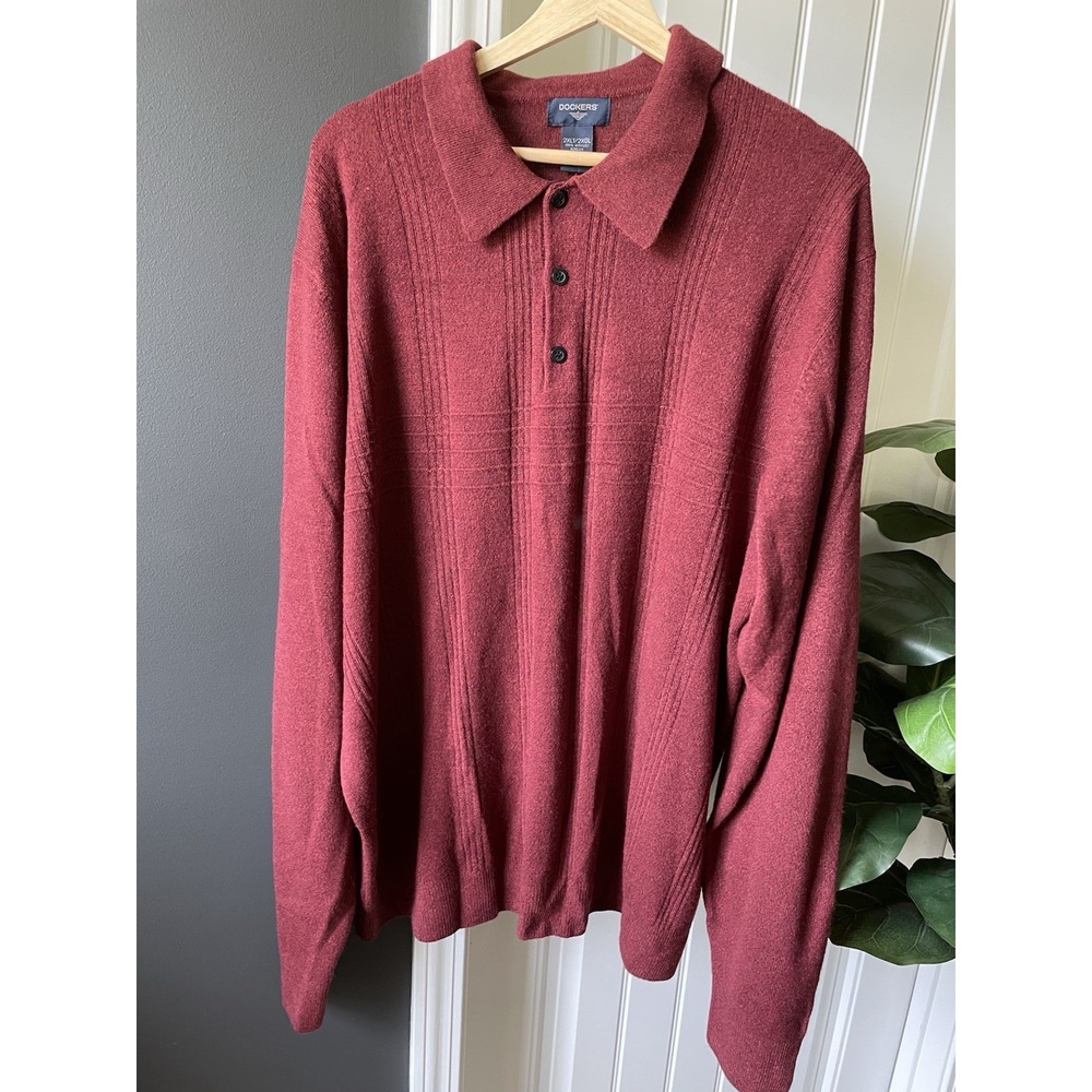 Vintage Dockers Men's 2XLT Polo Sweater Burgundy Red Long Sleeve Knit Ribbed